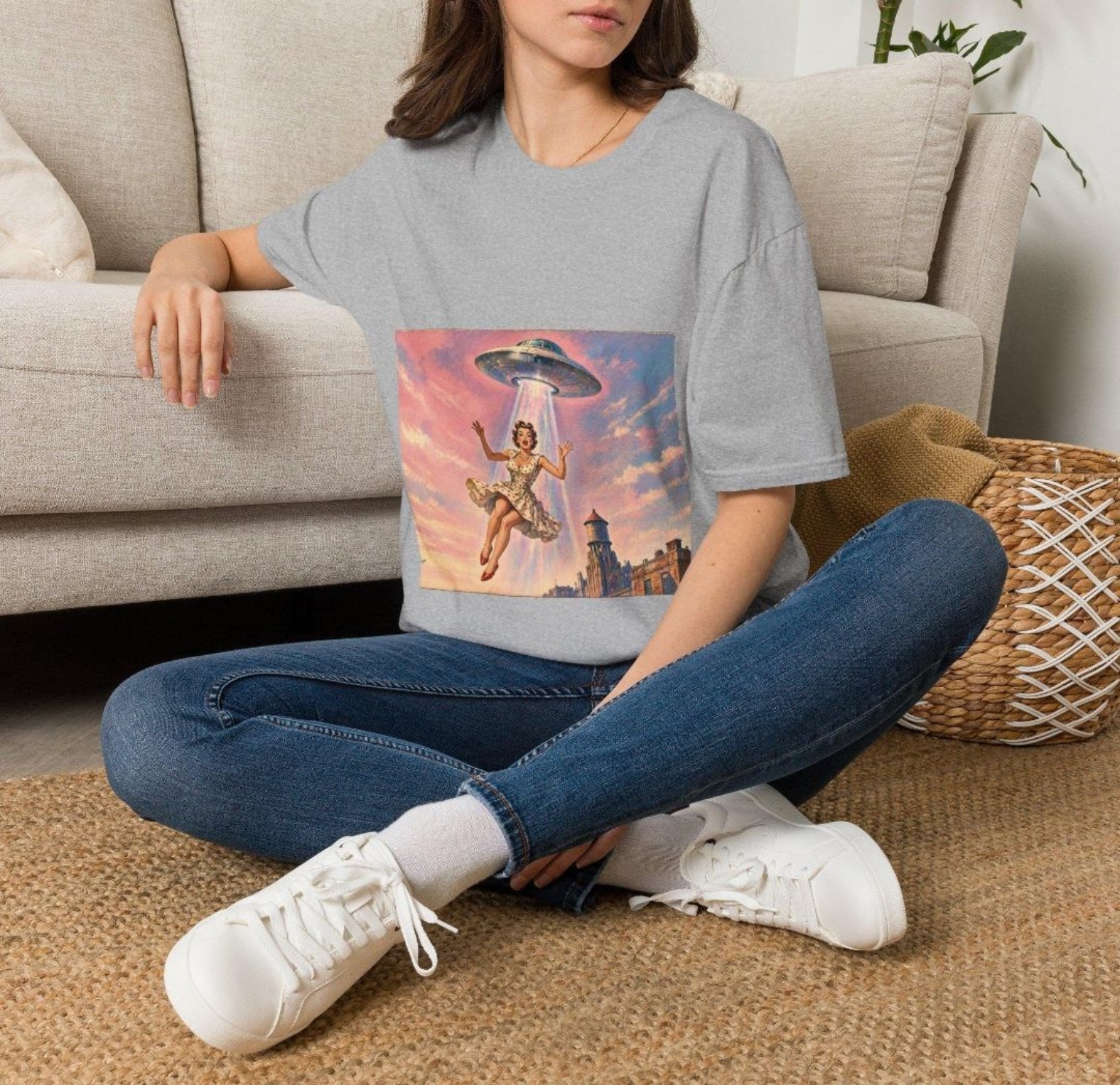 Model wearing the light blue Starseed Site cosmic graphic T-shirt